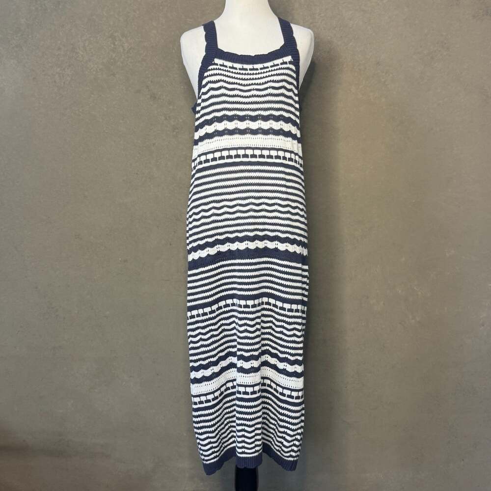 Joie Navy White Striped Crochet Knit Maxi Dress Womens Large